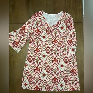 Casual Dress - Multi-color (red, orange, cream print) with V-Neck